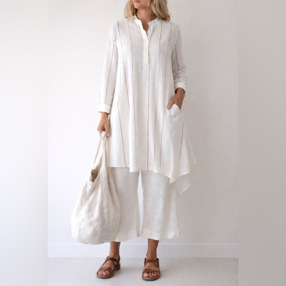 Inizio Italy 100% Linen Lagenlook Tunic Dress Relaxed White Red Stripe Size S‎